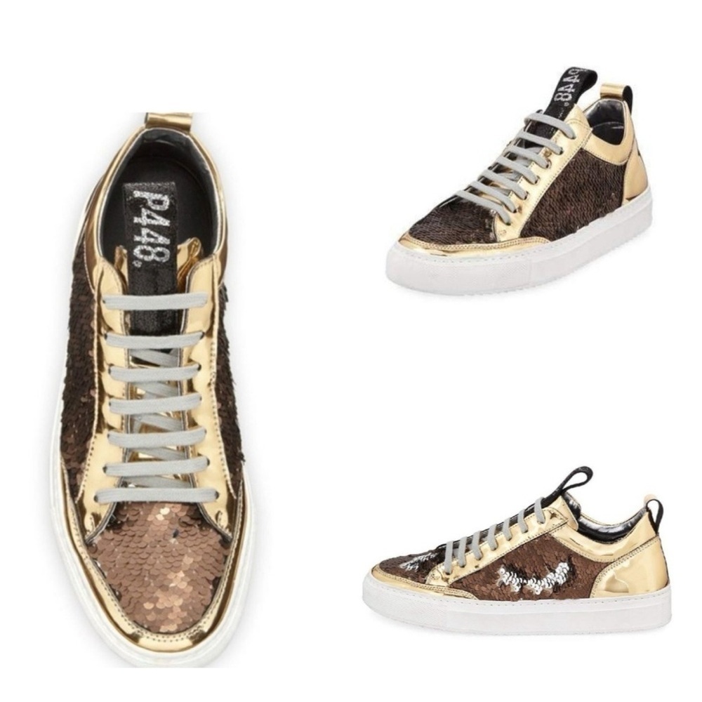 P448 Womens Gold Reversible Sequins Soho Toe Platform Athletic Sneakers 36